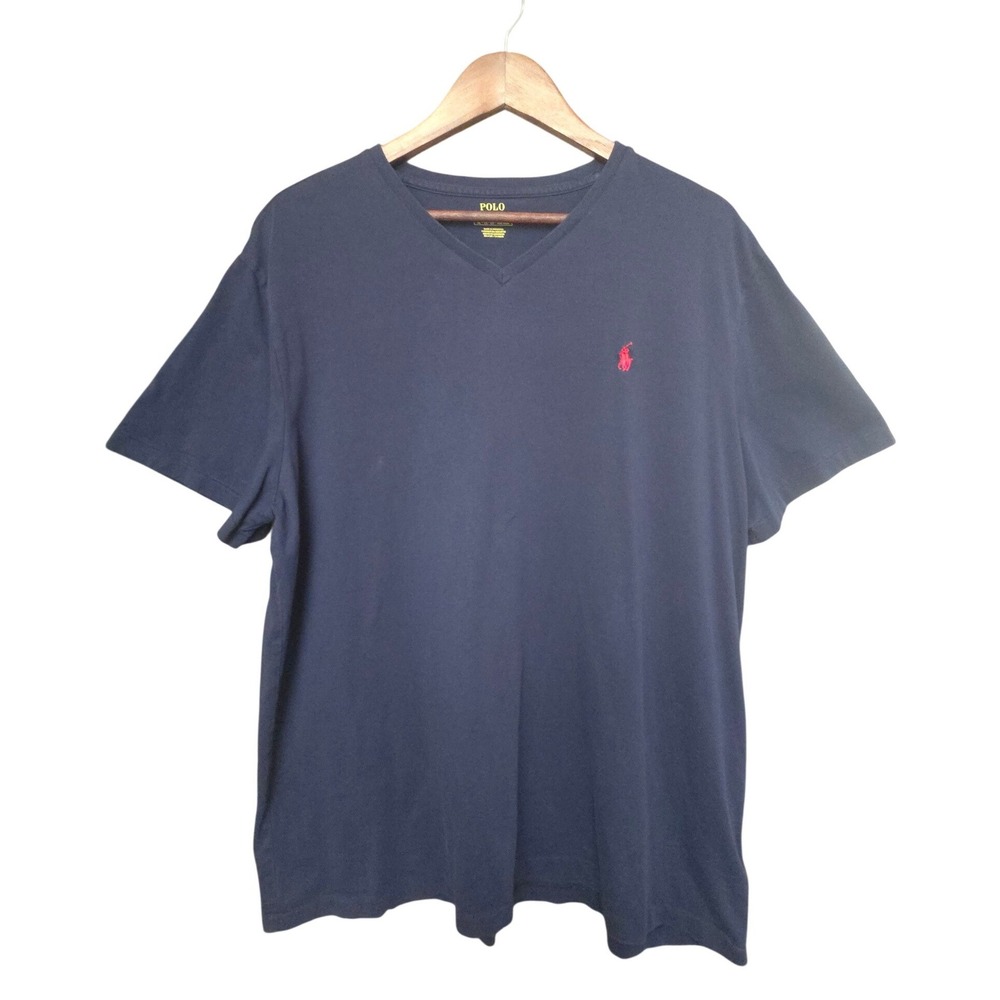 Polo Ralph Lauren Mens XL V-Neck T-Shirt Navy Blue Red Pony Logo Cotton Tee